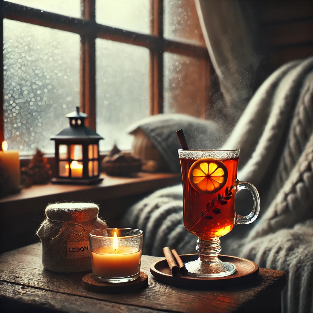 DALL·E 2024-08-31 19.10.45 - A cozy scene with a tall glass of warm tea, steam rising gently, and a slice of lemon inside. The glass is placed on a wooden table near a window. Out